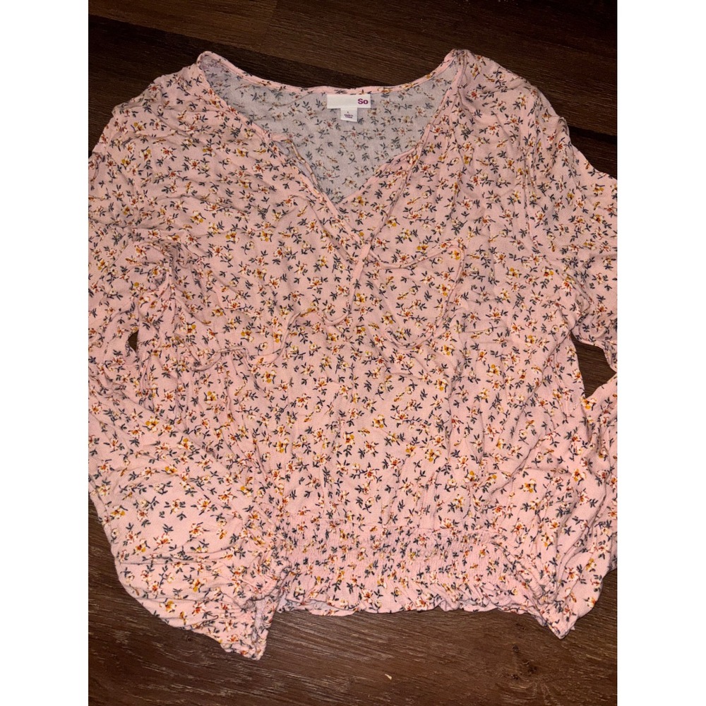 SO Pink Floral V-Neck Smocked Hem Ruffle Blouse Long Sleeve Top Large